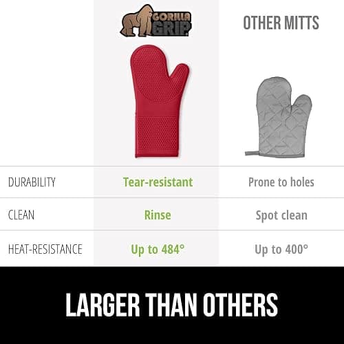 GORILLA GRIP Heat Resistant Silicone Oven Mitts Set, Soft Quilted Lining, Extra Long, Waterproof Flexible Gloves for Cooking and BBQ, Kitchen Mitt Potholders, Easy Clean, Set of 2, Red thumbnail 8