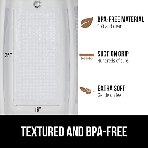 GORILLA GRIP Patented Bath Tub Shower Mat, Machine Washable Bathtub Floor Liner Mats, Suction Cups and Drain Holes to Keep Tubs Clean, Soft on Feet, Bathroom Essentials, 35x16 Inch, Clear thumbnail 2