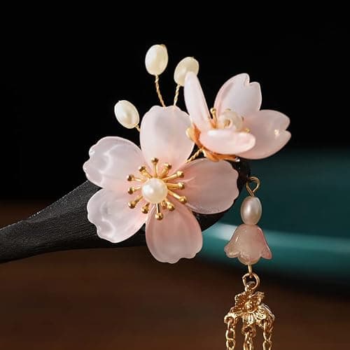 Floral Hair Stick, Chinese Hair Accessories Chinese Hair Pins for Women Hanfu Hair Sticks,Ancient Style Tassel Hairpin Floral Hair Accessories (Pink) thumbnail 2