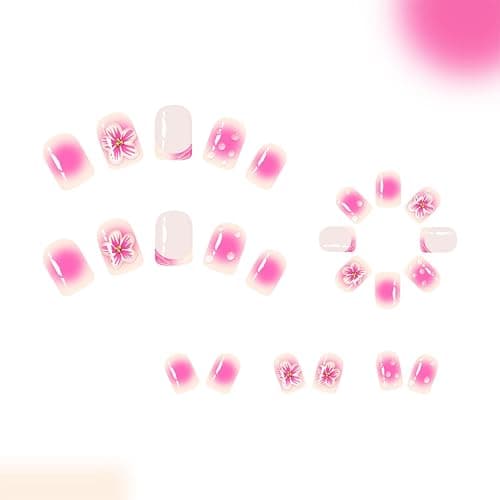24pcs French Tip Press on Nails Short Square Fake Nails with 3D Flower Designs Pink Floral False Nail Kit Cute Flowers Artificial Acrylic Nails Kit Gradient Full Cover Glue on Nails for Women thumbnail 3