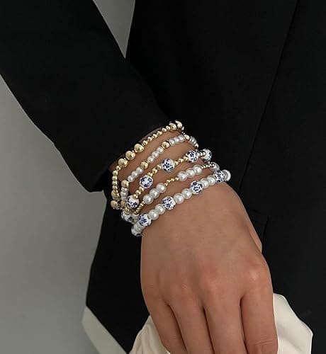 Gold Beaded Bracelets for Women, 14K Real Gold Plated Jewelry for Women Dainty Pearl Bead Bracelets Stack, Non Tarnish Trendy Stackable Ball Cross Stretch Bracelet Set Fashion Accessories Gifts thumbnail 6