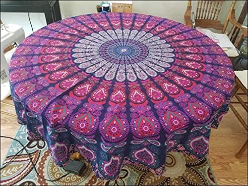 Popular Handicrafts Round Tapestry with Tassel Wall Hanging Ombre Hippie Mandala Bohemian Hippy Intricate Indian Tapestries Tablecloth 70 Inches,(178cm) Blue Multi thumbnail 4