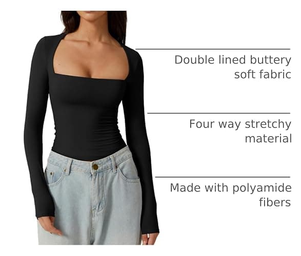 QINSEN Women's Sexy Square Neck Shirt Long Sleeve Double Lined Tees Fitted Going Out Tops thumbnail 4