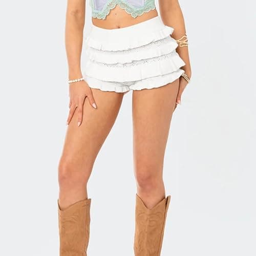 Luckinbaby Women Ruffle Knitted Shorts Layered Bottoms Pleated Tiered Bodycon Bloomer Shorts Slim Fit Summer Streetwear thumbnail 7