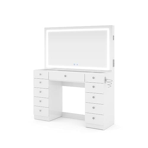 Boahaus Amelia Large Makeup Vanity Desk with Dimmable LED, 2 Bluetooth Speakers, USB Type C & Type A, 110 V Power Outlet, 11 Drawers, Crystal Knobs, Premium White thumbnail 2