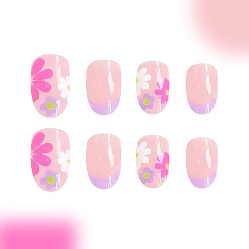 Flower Press On Nails - Short Almond French Tip Colorful Flowers Acrylic Nude Pink Full Cover Glue On Floral False Nails for Women Girls - 24 Pcs thumbnail 3