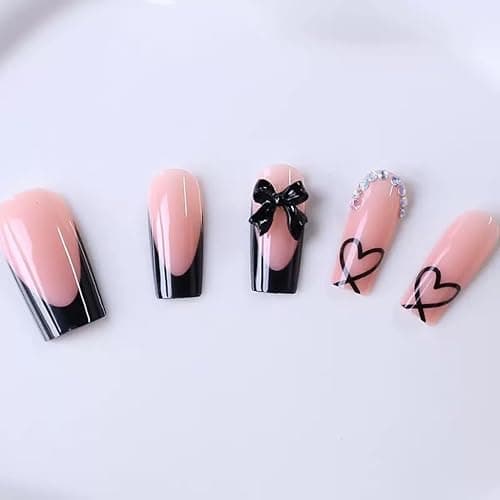 CTTHNBD Medium Press on Nails Coffin - Black French Tip Fake Nails with Bow Charms Design - Heart False Nails Press ons - for Women 24 Pcs thumbnail 5