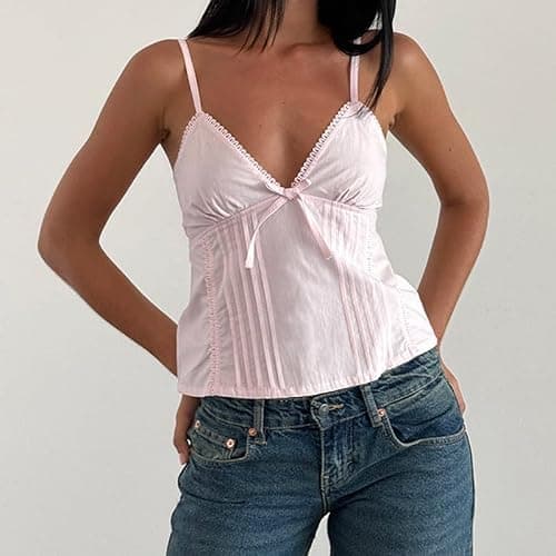 Women Y2k Babydoll Tank Tops Lace Trim V Neck Crop Cami Spaghetti Strap Peplum Top Summer Cute Aesthetic Flowy Shirts thumbnail 4