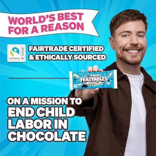 MrBeast Feastables Cookies & Creme Chocolate Bar, King Size, 10 Count | Fairtrade cocoa candy bars, ships cold, clean ingredients, no additives, sharable, party snacks, desserts, gifts, Halloween thumbnail 6