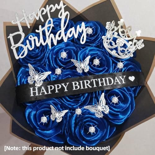 DIY Birthday Flower Bouquet Accessories Includes 2 Inch x 10 Yards Glitter Happy Birthday Satin Ribbon, Bouquet Crown, Butterfly Decor and Rhinestone Flower Pins for Birthday Gifts (Happy Birthday) thumbnail 5