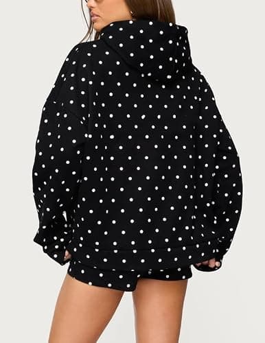 Morlaeley Women Polka Dot Hoodie Shorts Set Long Sleeve Oversized 2 Piece Sweat Set Casual Y2k Sweatshirt Matching Sets thumbnail 3