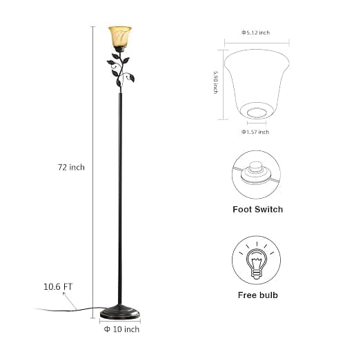 RORIANO 72” Flower Farmhouse Leaf Floor Lamp for Living Room | Rustic Tall Standing Lamp with Amber Glass Shade and Traditional Foot Switch for Bedroom, Corner, Office, Bulb Included thumbnail 6
