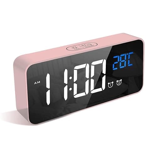 LATEC Digital Alarm Clock with Big LED Temperature Display, Bedside Clock with 13 Alarm Sounds USB Charging Port 4 Levels Adjustable Brightness Dimmer Snooze Portable Mirror Alarm with Dual Alarm Pink - Image 1
