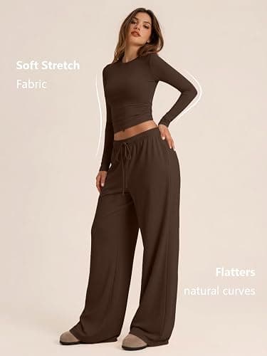 Trendy Queen Women's 2 Piece 2026 Fall Fashion Lounge Set with Pockets | Airport Outfit, Athleisure Workout Set, Fall Wardrobe Staple, Winter Style, Side-Ruched Top, Drawstring Wide-Leg Pants thumbnail 3