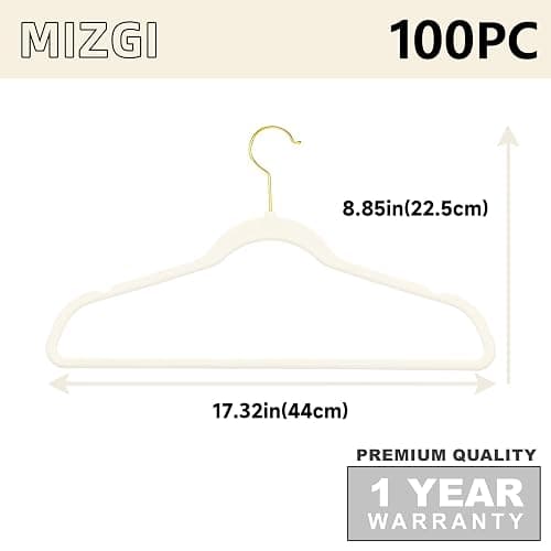MIZGI Premium Velvet Hangers Pack 100 Pcs Heavyduty - Non Slip Slimline - Velvet Suit Hangers Ivory - Gold Hooks,Space Saving Clothes Hangers … thumbnail 2