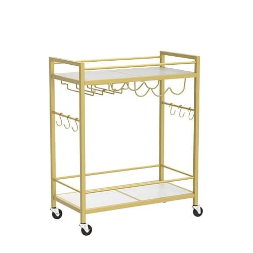 TUTOTAK Bar Cart, Serving Cart for Home, Drink Cart, Mobile Kitchen Shelf with Wine Rack and Glass Holder, Rolling Beverage Cart, Gold BC01BB031 thumbnail 5