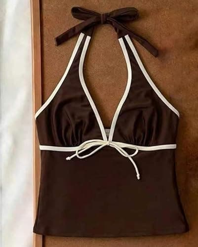 Minetom Tankini Maillot de Bain Femme avec Short 2 Pièces Ensembles Été Plage Col Licou Swimsuit Vintage Y2k Swimwear thumbnail 2