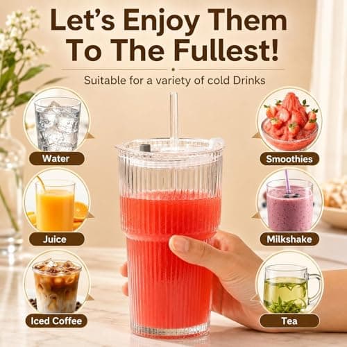 4 Pack 20oz Ribbed Glass Tumblers with Lids, Straws & Cleaning Brushes, Thickened High Borosilicate Reusable Iced Coffee Cups, Leak-Proof for Smoothies, Cocktails, Home & Office thumbnail 3
