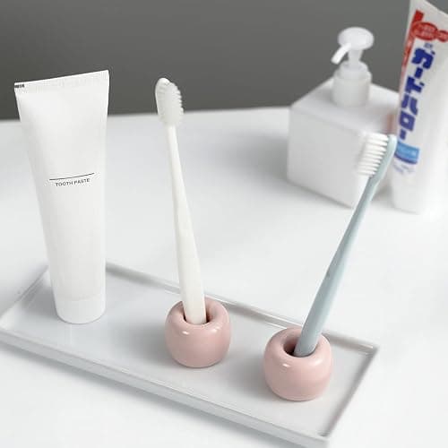 JMScape Mini Ceramic Couple Toothbrush Holder, Hand-Made Bathroom Toothbrush Holder, Electric Toothbrush Head Holder and Office Pen Holder 2-Piece Set (Pink) thumbnail 4