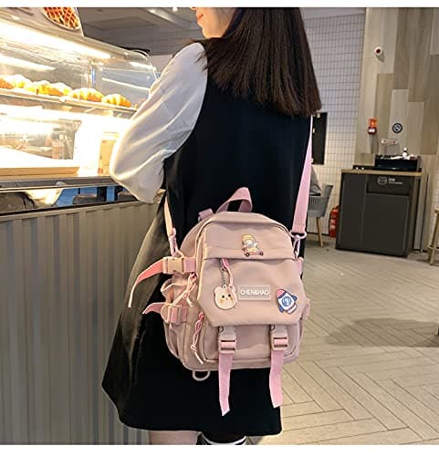 PEXIZUAN kawaii backpack girl school bag waterproof nylon with kawaii pendant cute pin mini backpack(pink) thumbnail 8