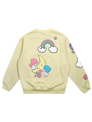 Bioworld Little Twin Stars Kissing The Moon Crew Neck Long Sleeve Yellow Adult Sweatshirt thumbnail 2