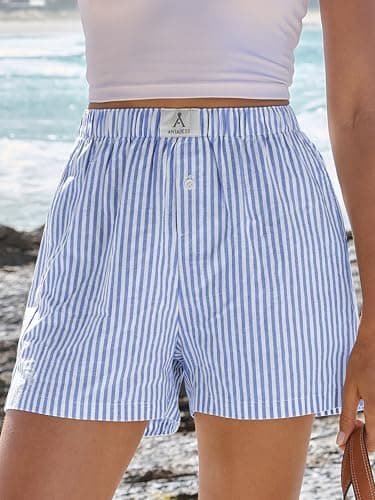 ANRABESS Boxer Shorts for Women Gingham Pajama 2026 Summer Casual Lounge Sleep Plaid Shorts Y2K Beach Bottoms Blue White Stripe Small thumbnail 2