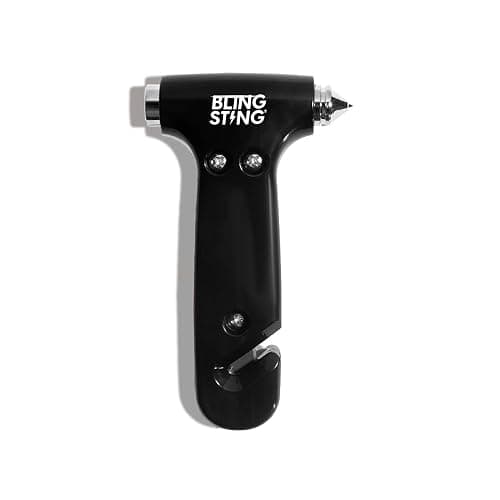 BLINGSTING Safety Hammer - Emergency Automotive Escape Tool with Window Breaker, Seat Belt Cutter & Adjustable Car Visor Strap - Tempered Glass Breaker - Steel Blade - Black (1 Count) - Image 1