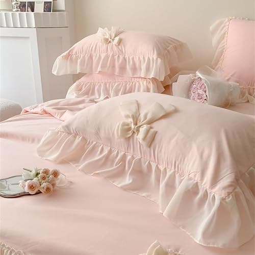 IHOUSTRIY Duvet Cover Twin Size, Ruffle Beddding Set with Bowtie, 2 Pieces Comforter Cover Set with Zipper Closure, Girl Princess Bedding with Pillowcase - Light Pink, Twin thumbnail 4