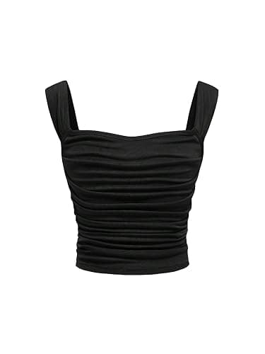 OYOANGLE Girl's Sleeveless Square Neck Wide Straps Ruched Tank Top Solid Slim Fit Crop Tops - Image 1