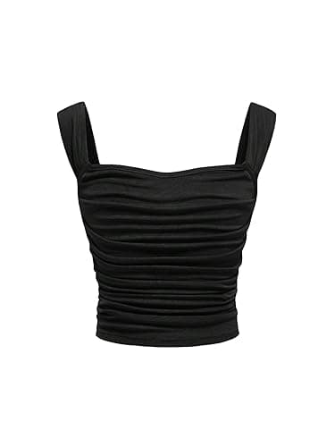 OYOANGLE Girl's Sleeveless Square Neck Wide Straps Ruched Tank Top Solid Slim Fit Crop Tops