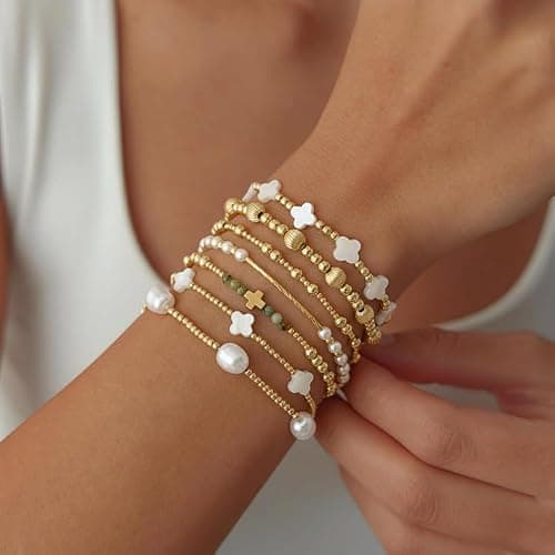 Dainty Cross Clover Gold Beaded Pearl Bracelet Stack for Women,Handmade Boho Gold Plated Beads Stretch Stackable Bracelets Fashion Birthday Prom Jewelry Accessories Gift Friendship thumbnail 3