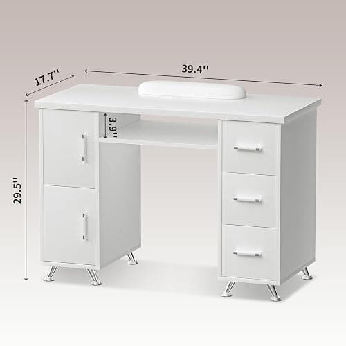 FreSup Nail Desk for Nail Tech, Professional Manicure Table with 3 Drawers & 2 Cabinets, Acetone Resistant Surface White Nail Table, Wrist Rest & Fixed Legs for Salon Beauty & Home Use (White-Silver) thumbnail 3