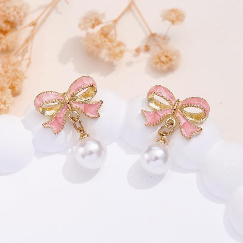 Gold Pearl Bow Earrings For Women Trendy Pink Coquette Drop Stud Ribbon Silver Earrings Dangle Jewelry - Unique Gifts For Wife Valentines Day Preppy Cute Teen Girls Accessories 2024 - pink gold thumbnail 4