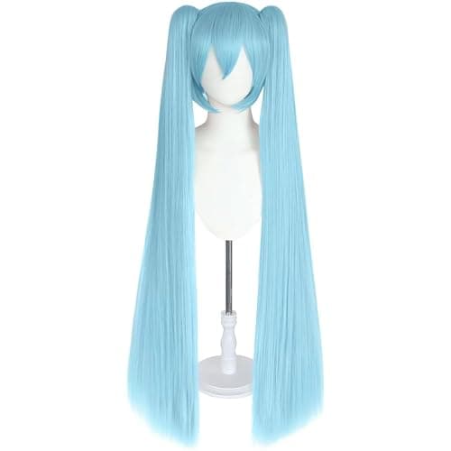 BESTBEL+Hair Cap 48 inch 120 cm Blue Wigs With Bangs Long Blue Wigs With 2 Ponytails for Women Pigtail Wig for Halloween Cosplay Anime Costume Long Straight Wig Party Outfits Synthetic Hair thumbnail 3