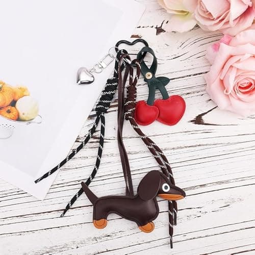 Leather Dachshund Keychain, Cute Dog Heart Cherry Keyring Puppy Bag Pendant Key Chain Charm Dachshund Accessories for Handbag Purses Bags Cars Fashion Gifts for Dog Lovers thumbnail 4