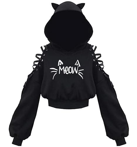 Dolpind Womens Cat Ear Hoodie Sweatshirt Long Sleeve Sweater Off Shoulder Cat Cute Crop Top Hoodies Pullover - Image 1