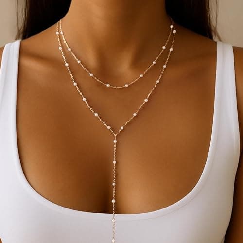 HAXIYA Lariat Gold Necklace for Women Dainty Long Necklace 14k Gold Plated/Silver Y-Shaped Pendant Drop Chain Trendy Layered Pearl/Beaded/CZ Necklaces Simple Gold Jewelry For Women Gift thumbnail 4
