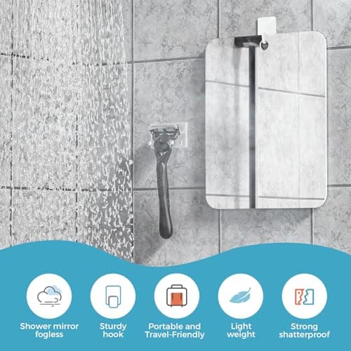 Shower Mirror Fogless for Shaving, Fogless Mirror for Shower with 1 Adhesive Hooks, Bathroom Shatterproof Shaving Mirror - for Men and Women (Silver) thumbnail 3