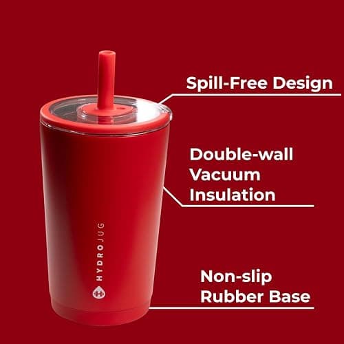 HydroJug Everyday Tumbler 14 oz – Ceramic-Lined Insulated Tumbler with Straw and Soft-Touch Lid, Cup Holder Friendly, Double-Wall Vacuum Insulation, Reusable Travel Cup – Alumni Red thumbnail 4