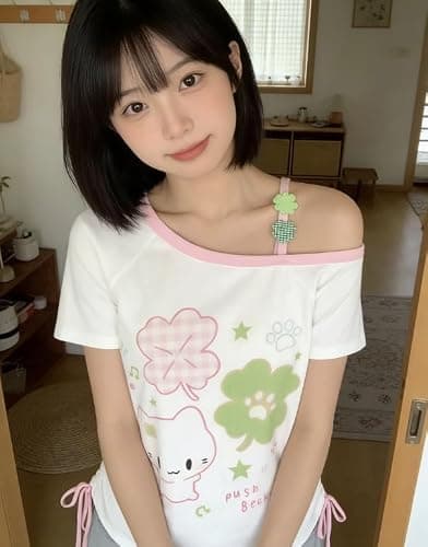 Women Y2K Retro Cute Cat Print Off Shoulder Top Kawaii Trendy E Girl Aesthetic Clover Graphic Street Fashion Tee thumbnail 4