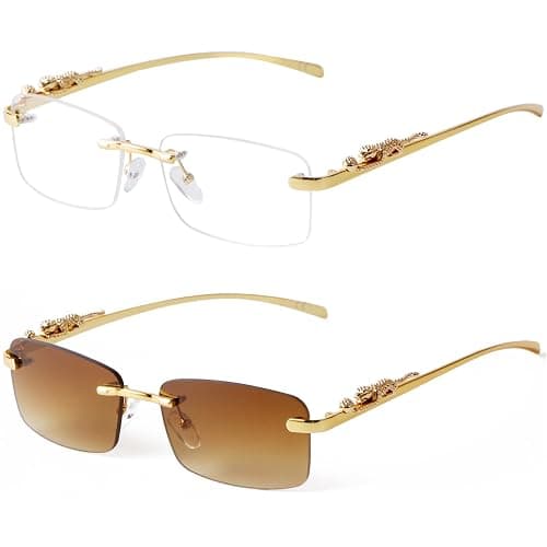 piscm Vintage Rimless Rectangle Sunglasses for Women Men,Trendy Gold Metal Frameless Square Sun Glasses Transparent Eyewear thumbnail 2