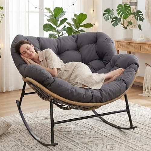 NICESOUL Outdoor Papasan Rocking Chair with Cushion, All-Weather Patio Egg Rocker, Oversized Rattan Glider for Reading & Relaxing, Large Comfy Recliner Lounge Chairs for Balcony Garden Backyard, Grey thumbnail 4