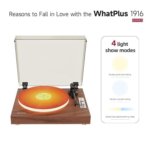 WhatPlus Bluetooth Record Player with Speakers and Illuminated Platter | Vintage wooden design with RCA output and 3.5mm input, ideal for home listening and decor. thumbnail 2