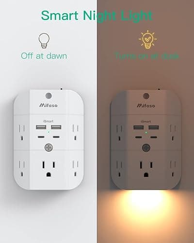 Surge Protector Outlet Extender - with Night Light, 5-Outlet Splitter and 4 USB Ports (2 USB C Charger), Multi Plug Outlet for Home, Dorm Room Essentials thumbnail 2