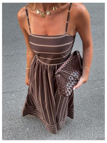 Milumia Women's Striped Spaghetti Strap Dress Smocked Open Back Flowy Long Vacation Dresses Brown Small thumbnail 4