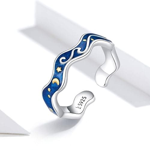 Starry Sky Moon Star Open Statement Ring S925 Sterling Silver Blue Universe Waves Stacking Engagement Wedding Rings Finger Band for Women thumbnail 4