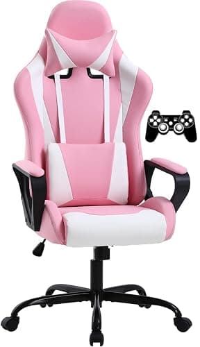 Pink Gaming Chair High-Back Office Chair Ergonomic Video Game Chairs Height Adjustable Reclining Computer Chair with Lumbar Support Armrest Headrest Swivel Chair Game Chair for Adult Teen - Pink - Image 1