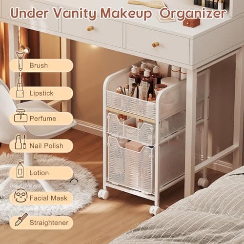 Hongtamoya Rolling Makeup Cart Organizer with 2 Drawers, Narrow Floor Skincare Organizers, Vanity Organizer Cosmetics Display Cases Holder for Skin Care Nail Polish Perfume Makeup Brush, White thumbnail 7