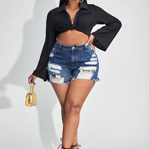 MapleHub Plus Size Denim Shorts Women High Waisted Ripped Folded Hem Jean Shorts thumbnail 3