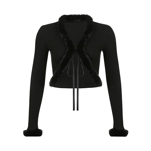 KnniMorning TEES Sexy Women Long Sleeve Tie-up Cardigan Deep V Solid Crop Tops Fur Trim Fashion Knitted Sweaters thumbnail 5